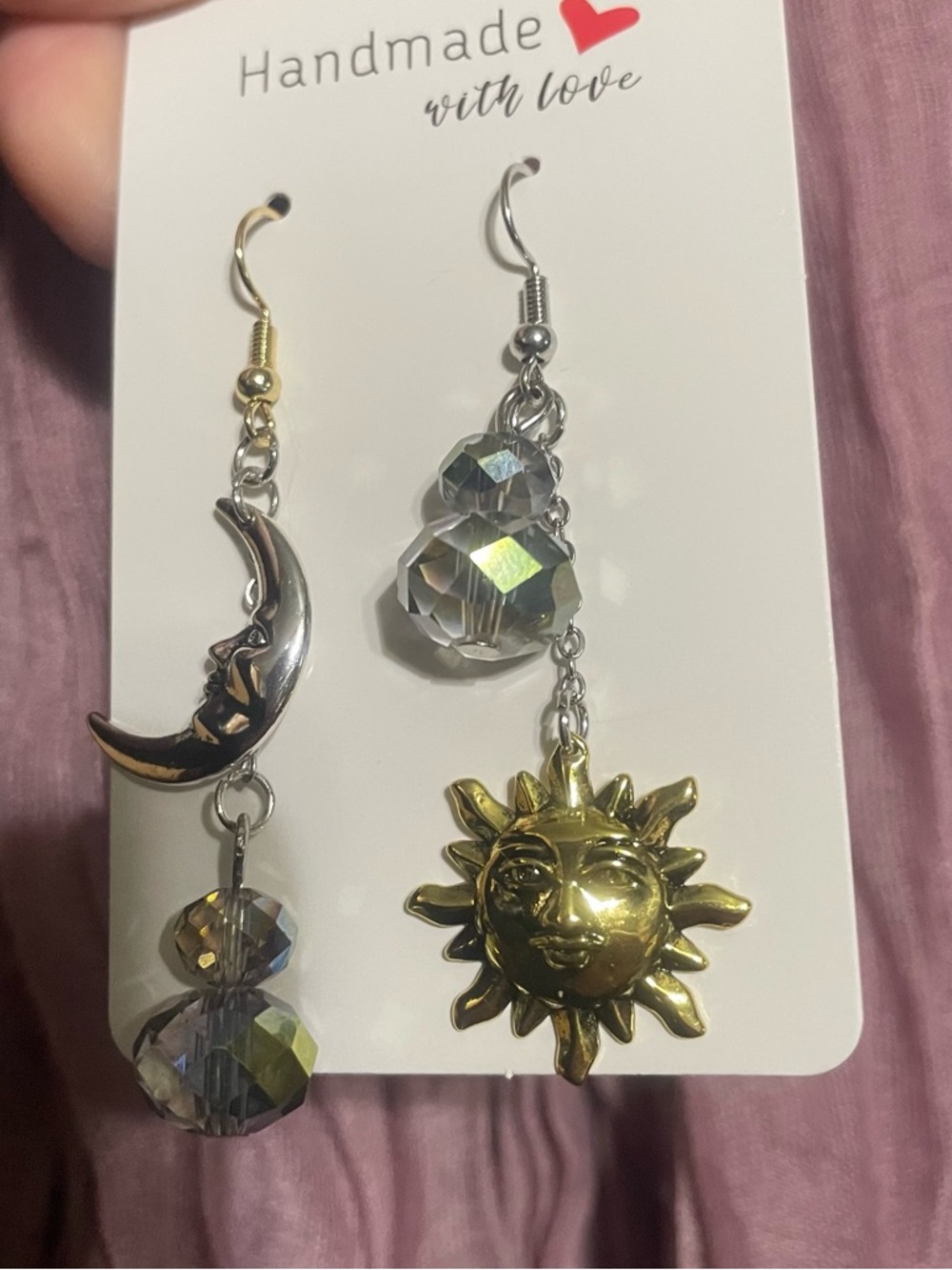 ❌❌SOLD❌❌Hand Crafted Gold Sun & Silver Moon Asymmetrical Dangle Earrings - Picture 6 of 7